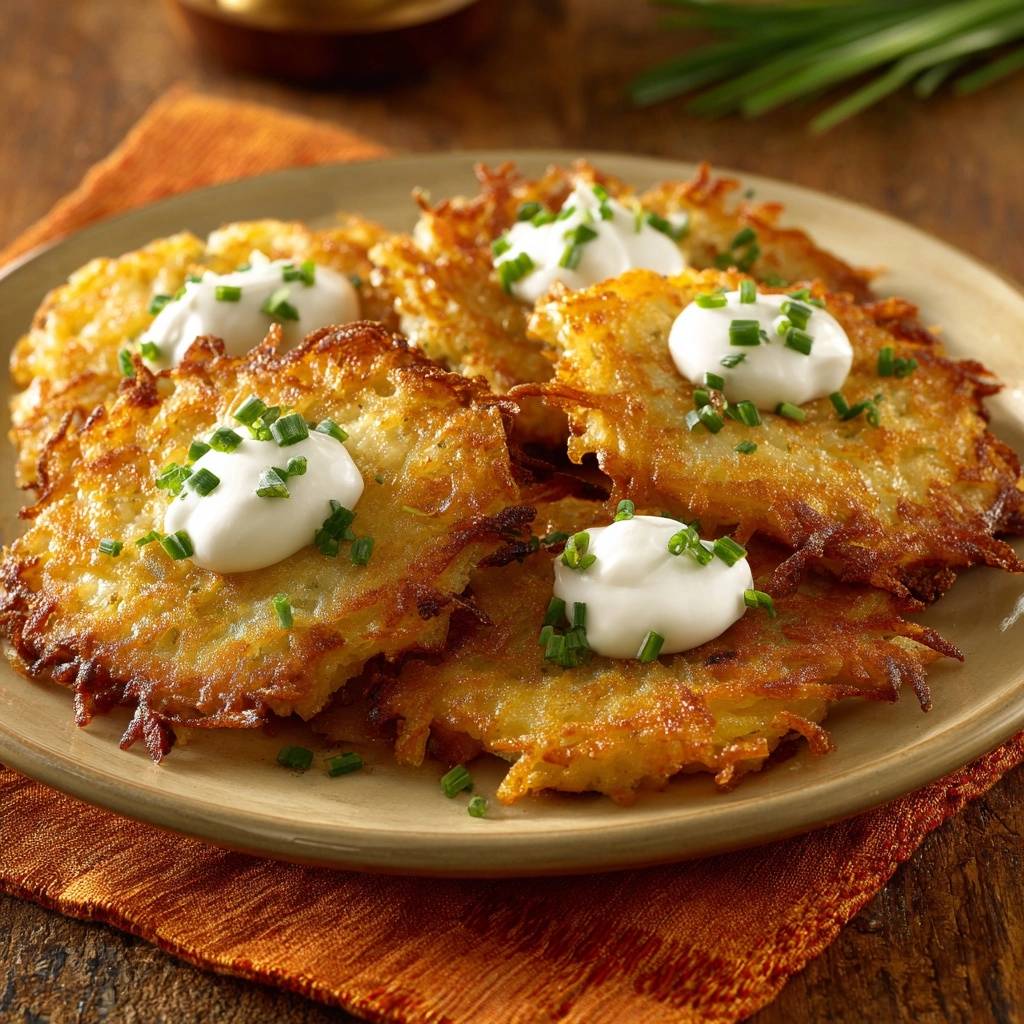 Knusprige Kartoffelpuffer, garniert mit einem Klecks Sour Cream und frischen Schnittlauchringen auf einem Teller serviert.