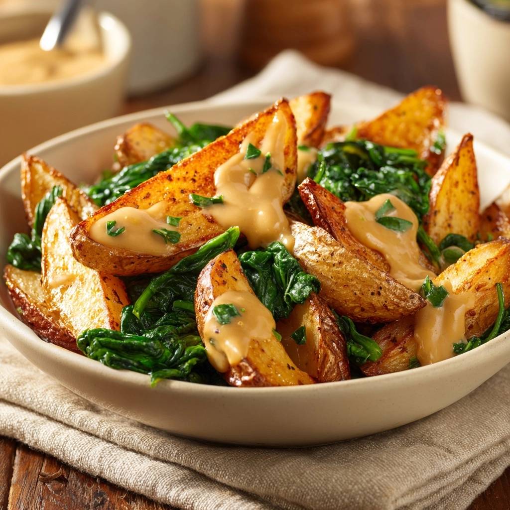 Knusprige Kartoffelwedges mit Spinat und Kräutersauce, nahaufnahme der cremigen Sauce auf den gebackenen Wedges.