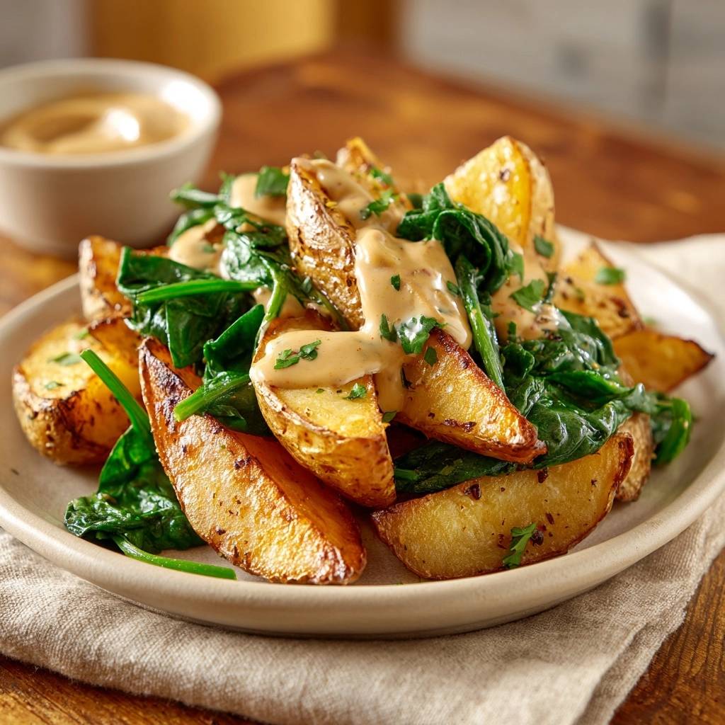 Knusprige Kartoffelwedges mit Spinat und Kräutersauce als Nahaufnahme mit cremiger Sauce und frischer Petersilie garniert.
