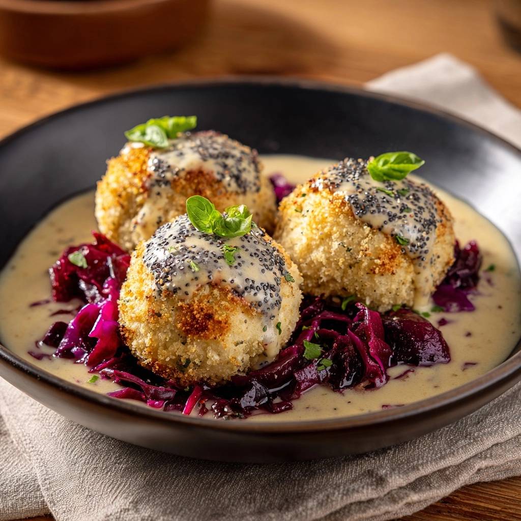 Knusprige panierte Klopse mit Rotkohl und Sesam-Sahnesoße, nahaufnahme der garnierten Klopse in der cremigen Soße.