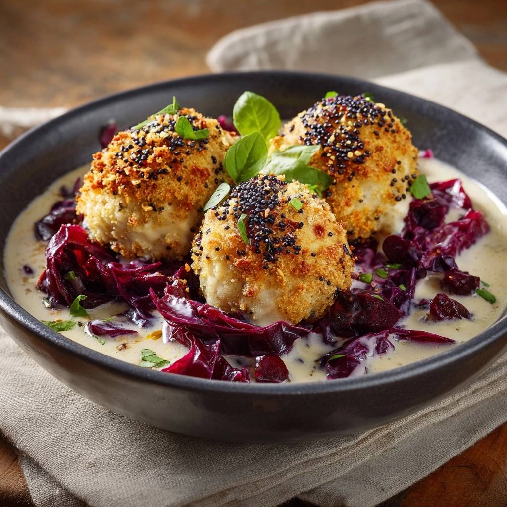 Knusprige panierte Klopse mit Rotkohl und Sesam-Sahnesoße, Nahaufnahme der panierten Klopse mit Sesam und frischen Kräutern garniert.