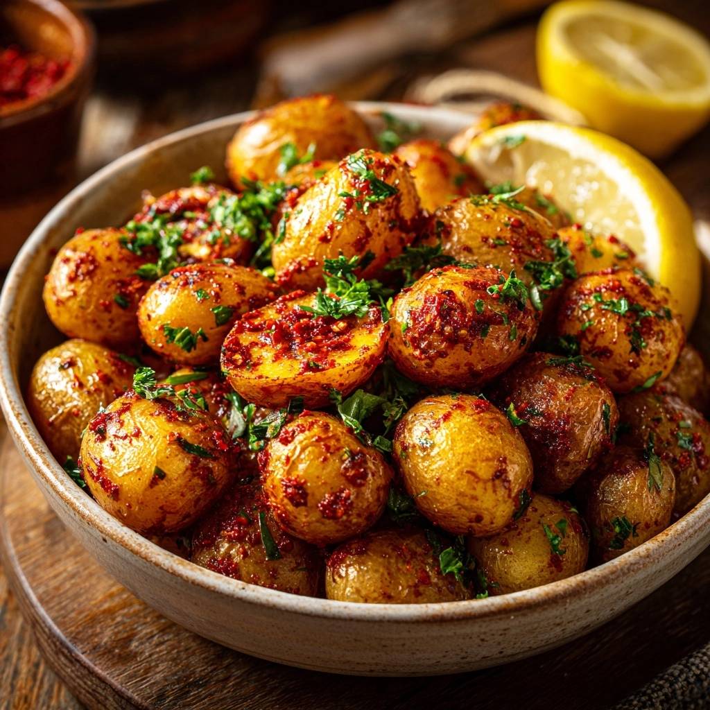 Knusprige Paprika-Babykartoffeln als Nahaufnahme mit frischer Petersilie und einer Zitronenspalte garniert.