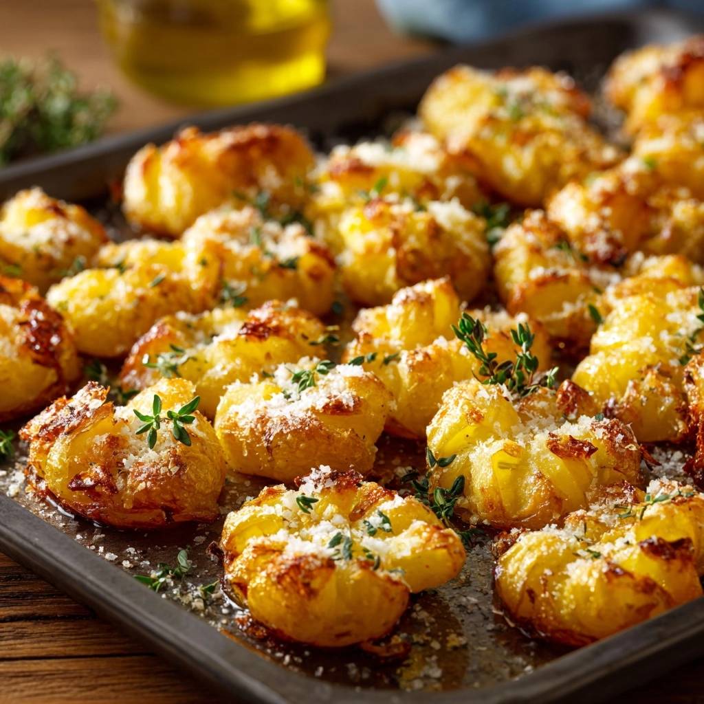 Knusprige Parmesan-Thymian-Babykartoffeln, detailreich mit frischem Thymian und geriebenem Parmesan garniert, auf einem Backblech.