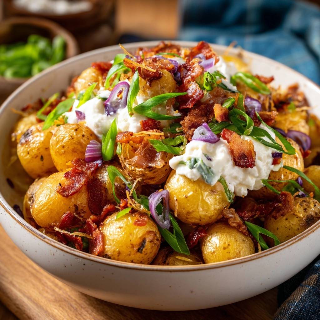 Knusprige Röstkartoffeln mit Speck und Sauerrahm, garniert mit Frühlingszwiebeln und roter Zwiebel, in einer Schüssel serviert.