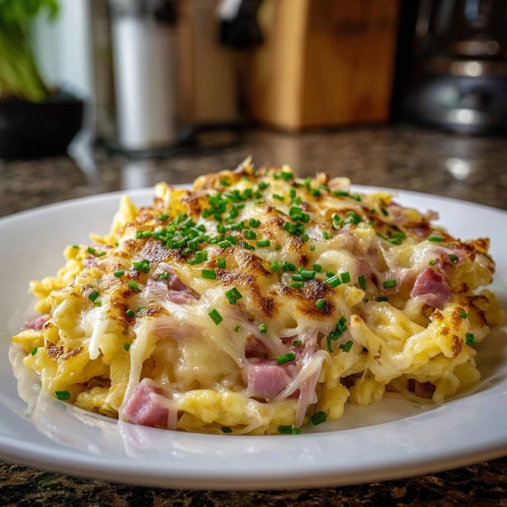 Knusprige Schinken-Käse-Spätzle als Nahaufnahme mit geschmolzenem Käse und frischen Kräutern garniert.