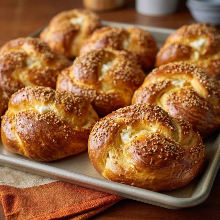 Knusprige Sesam-Käse-Brötchen frisch gebacken mit geschmolzenem Käse, nahaufnahme auf einem Blech.