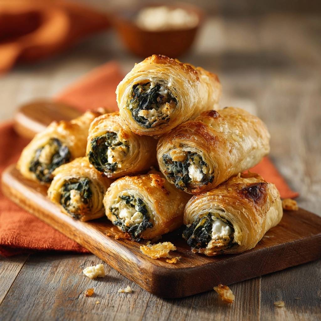 Knusprige Spinat-Feta-Rollen als Nahaufnahme mit Blick auf das cremige Innere und den Blätterteig