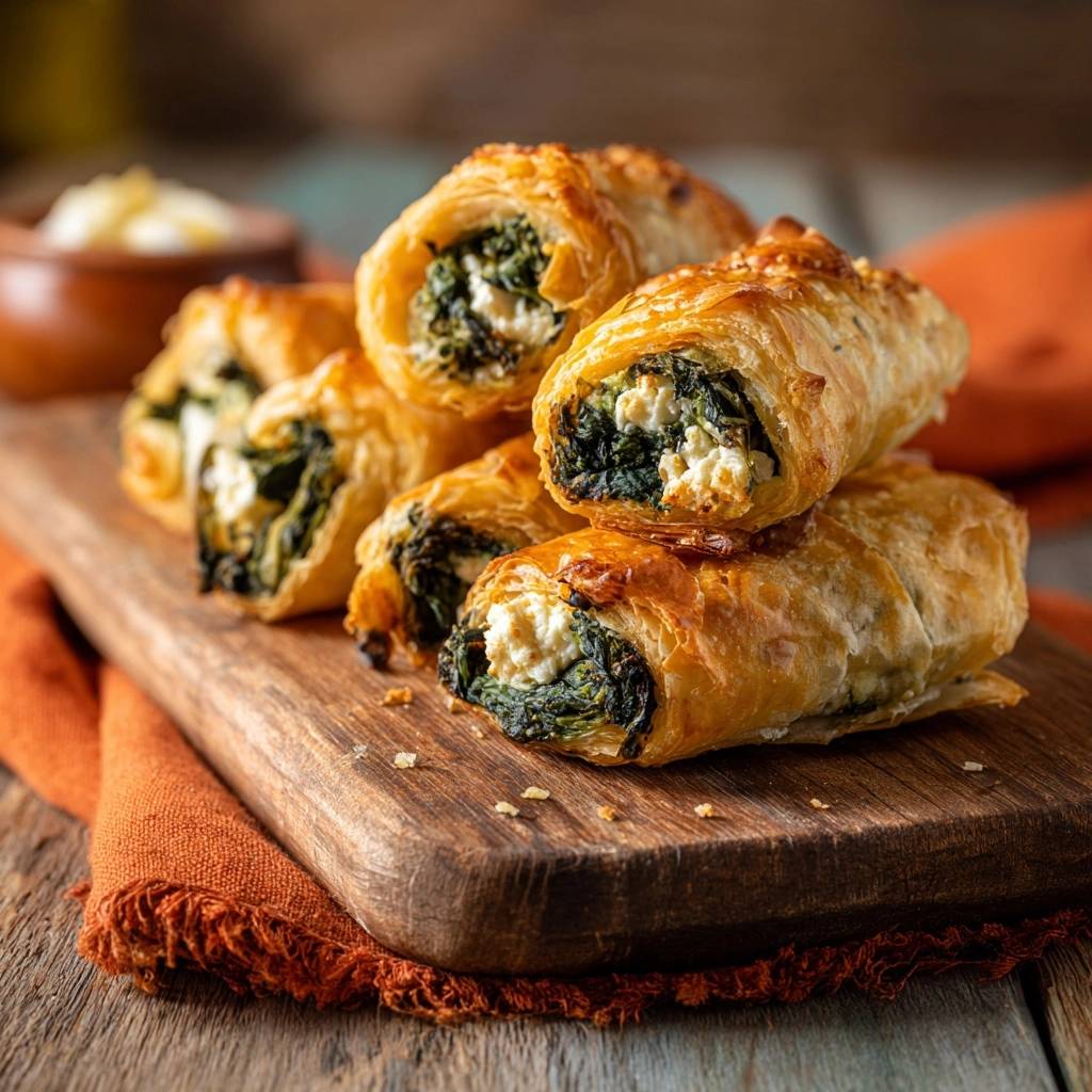 Knusprige Spinat-Feta-Rollen im Anschnitt, die eine Füllung aus Spinat und Feta Käse offenbaren.