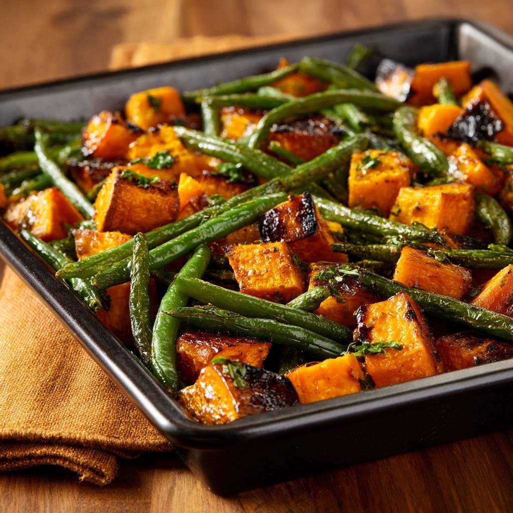 Knusprige Süßkartoffel-Bohnen aus dem Ofen, detailreiche Nahaufnahme der gerösteten Gemüsestücke in einer schwarzen Auflaufform.