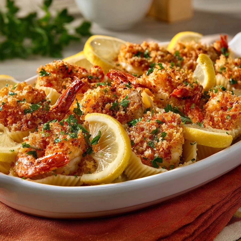 Knusprige Zitronen-Garnelen mit Conchiglie, nahaufnahme einer Portion mit Zitronenscheiben und Petersilie garniert