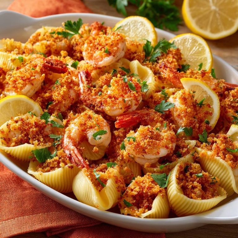 Knusprige Zitronen-Garnelen mit Conchiglie, nahaufnahme der gefüllten Pasta mit Garnelen und knuspriger Kruste, garniert mit Zitrone und Petersilie.