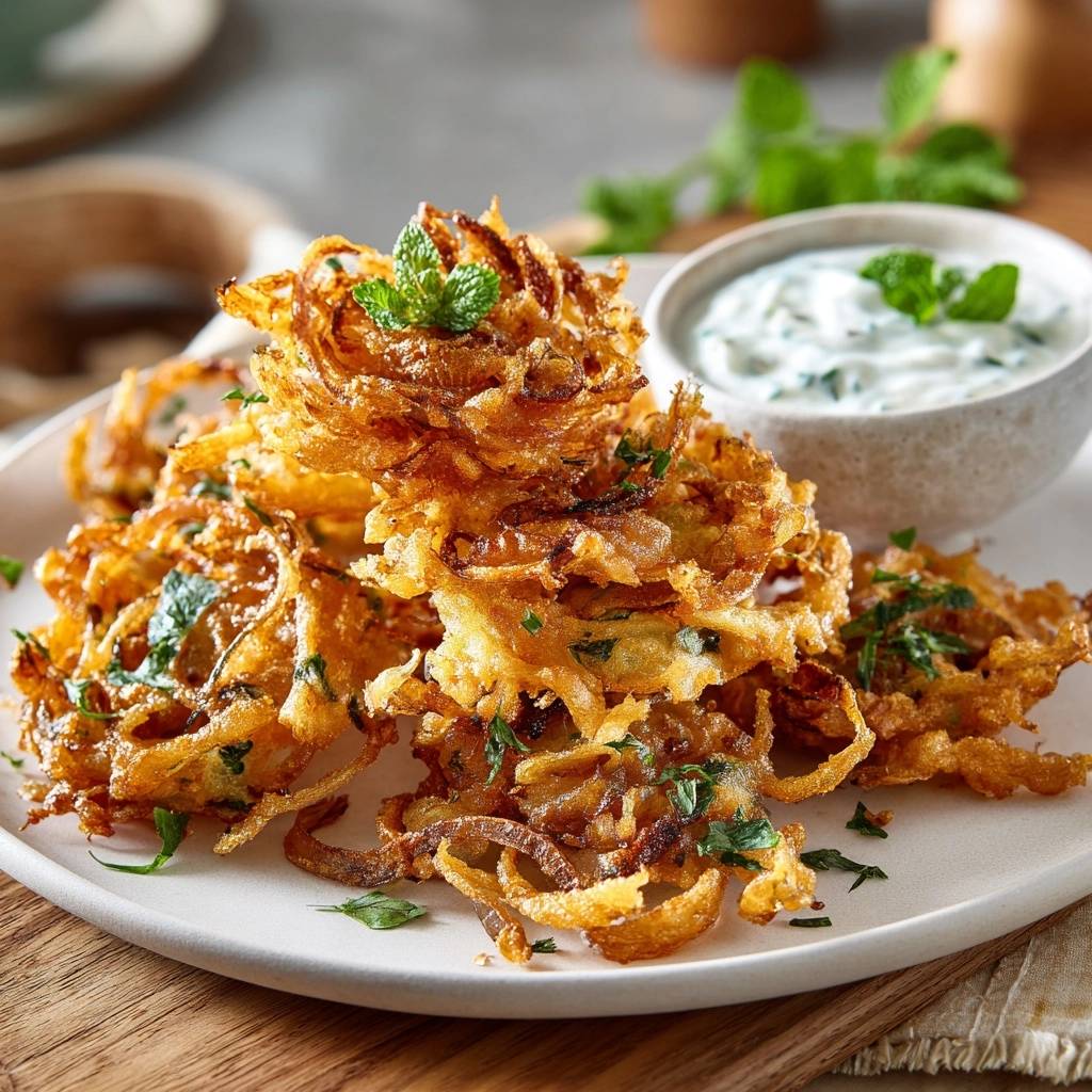 Knusprige Zwiebel-Bhajis mit Minze garniert, serviert mit einem Dip, auf einem weißen Teller.