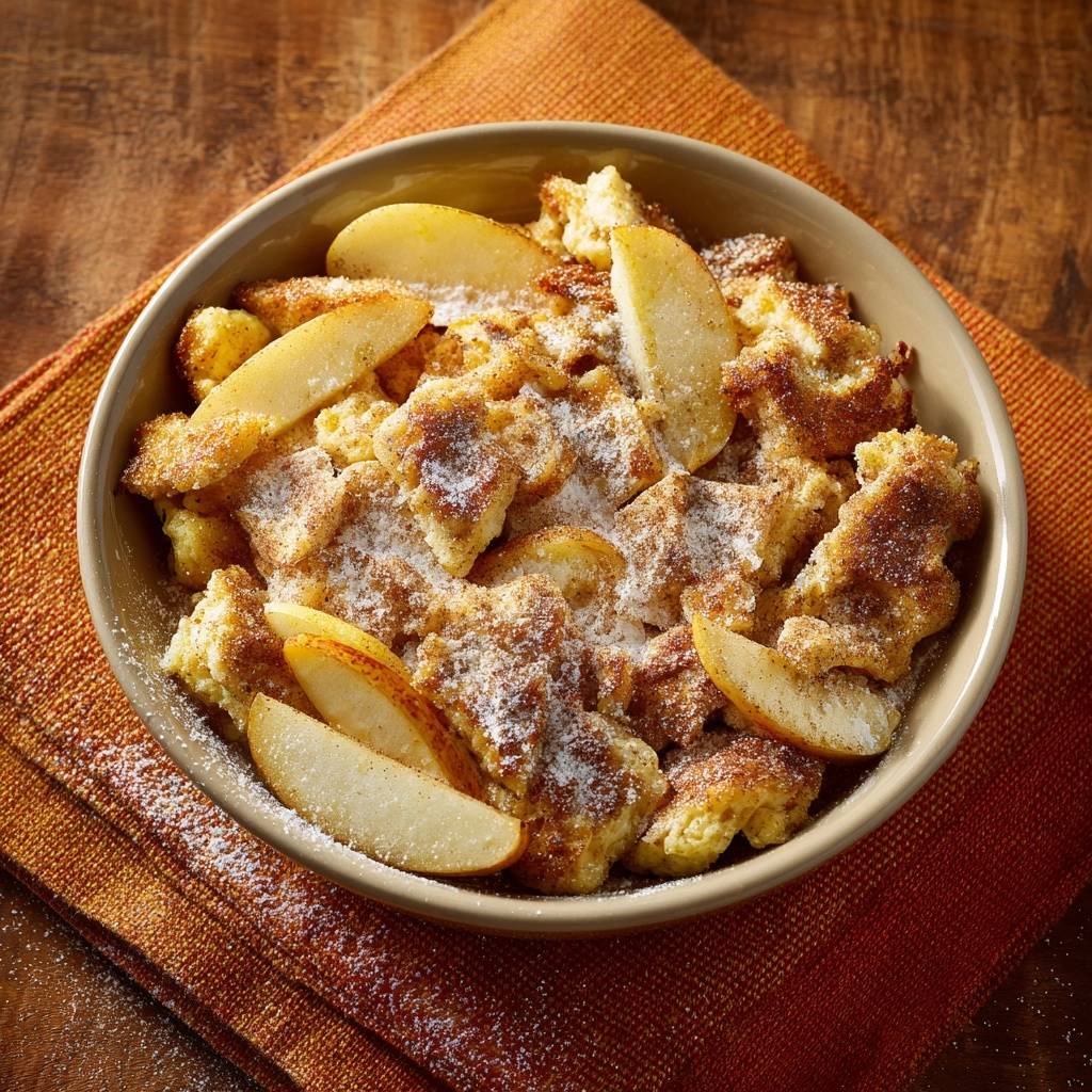Knuspriger Apfelbrotpudding mit Apfelstücken und Zimt-Zucker-Bestäubung in einer Schüssel, nahaufnahme
