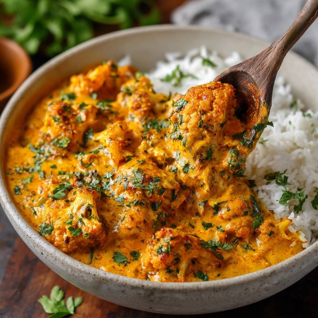 Knuspriger Blumenkohl-Curry mit Basmatireis, serviert mit einem Holzlöffel, der eine Portion aufnimmt.