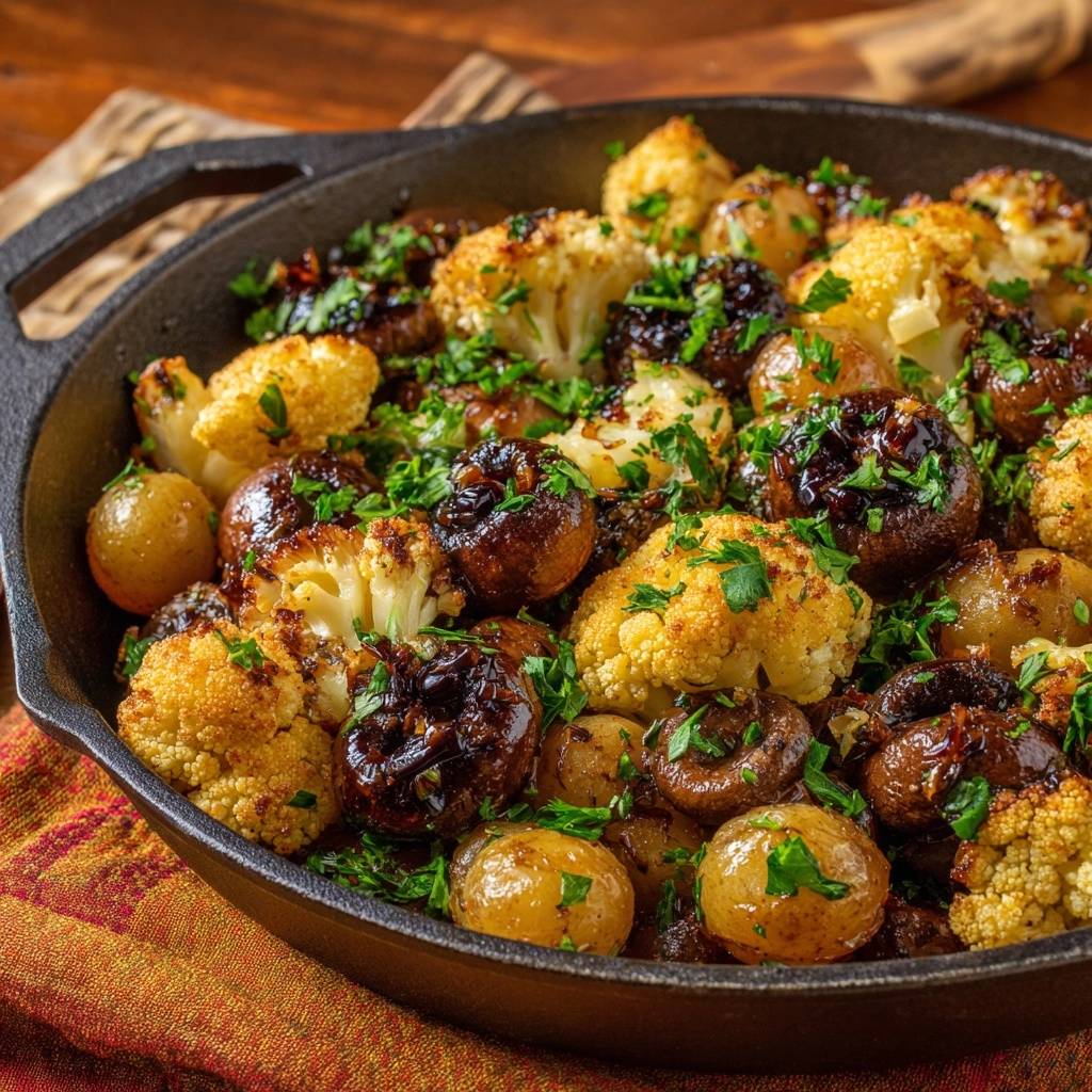 Knuspriger Pfannen-Blütenkohl mit Champignons und Perlenzwiebeln, detailaufnahme des garnierten Gerichts in der Pfanne