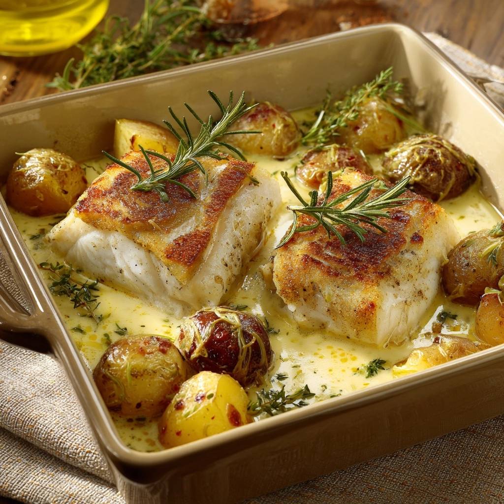 Knuspriger Ofen-Kabeljau mit Babykartoffeln, serviert in einer braunen Auflaufform mit Rosmarin und cremiger Sauce.