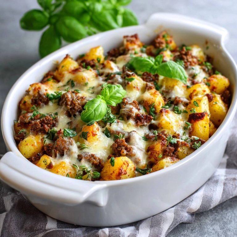 Knuspriger Kartoffel-Hack-Auflauf Rezept, mit geschmolzenem Käse und frischem Basilikum garniert, in einer weißen Auflaufform serviert.