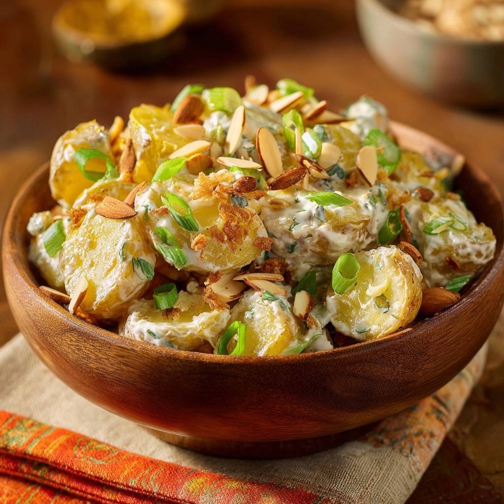 Knuspriger Kartoffelsalat mit Bohnen und Mandeln, Nahaufnahme der cremigen Kartoffeln mit frischen Frühlingszwiebeln und Mandelsplittern.
