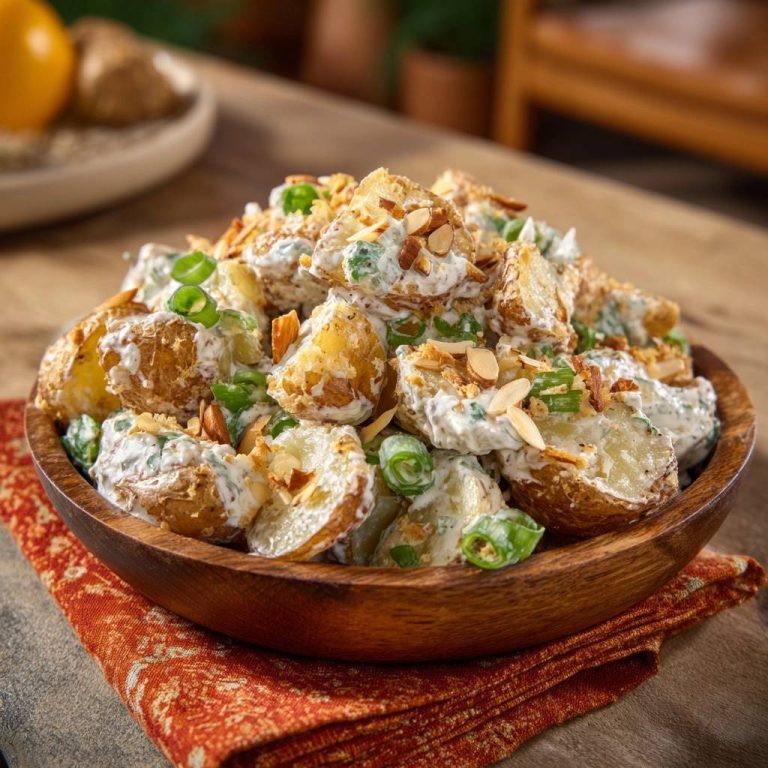 Knuspriger Kartoffelsalat mit Bohnen und Mandeln in einer Holzschale, detaillierte Nahaufnahme der Textur und Garnitur.