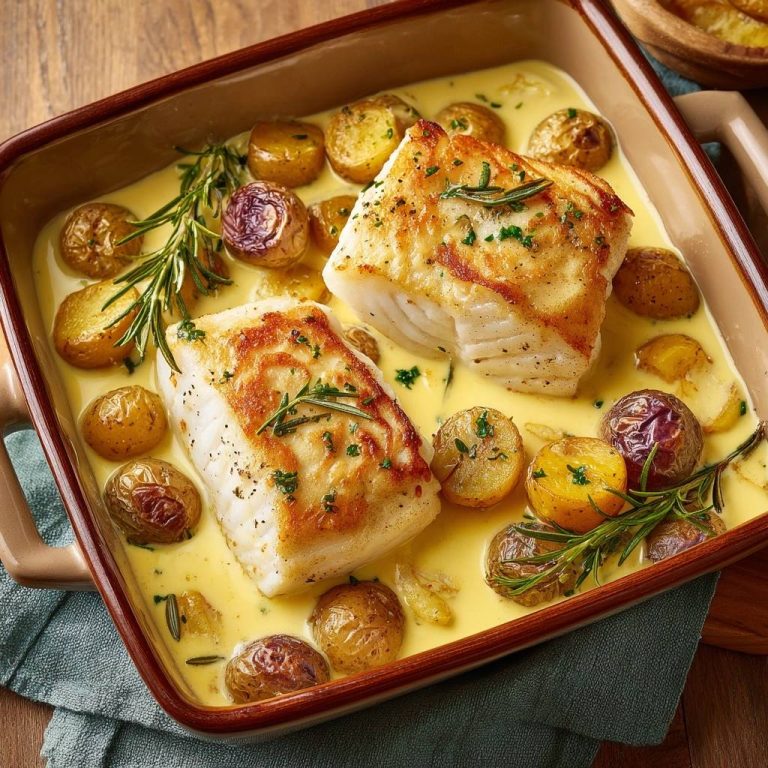 Knuspriger Ofen-Kabeljau mit Babykartoffeln in cremiger Sauce in einer Auflaufform, garniert mit Rosmarin.