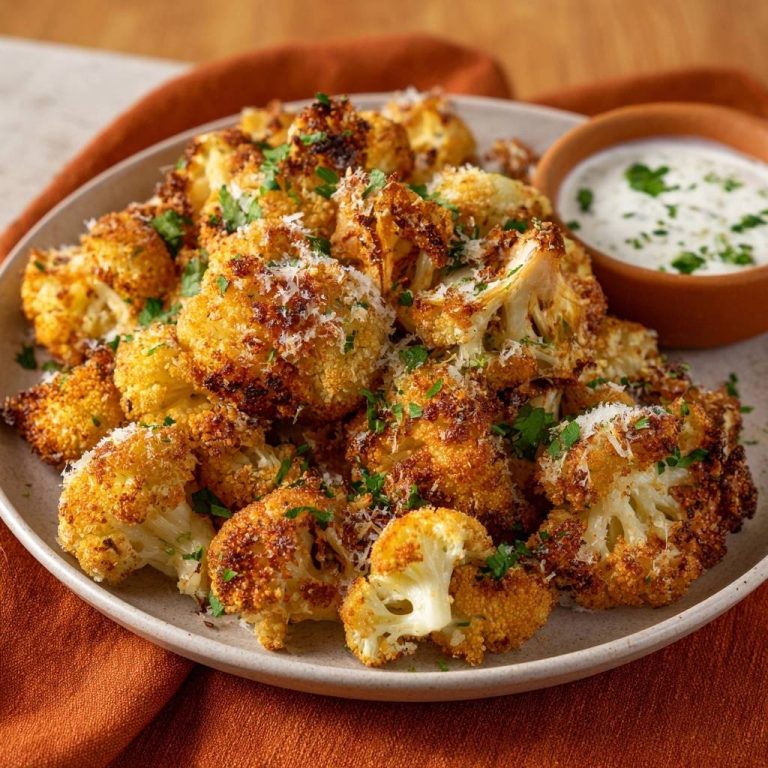 Knuspriger Parmesan-Blütenkohl mit cremigem Kräuter-Dip, Nahaufnahme der goldbraunen Röschen und des garnierten Dips.