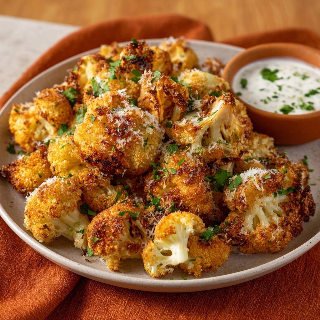 Knuspriger Parmesan-Blütenkohl mit cremigem Kräuter-Dip, Nahaufnahme der goldbraunen Röschen und des garnierten Dips.