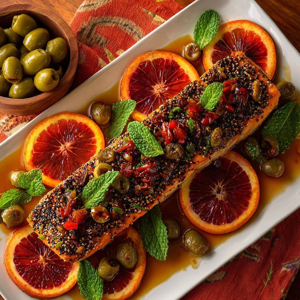 Knuspriger Sesam-Lachs mit Blutorange, garniert mit frischer Minze und Oliven, auf einem Teller serviert.