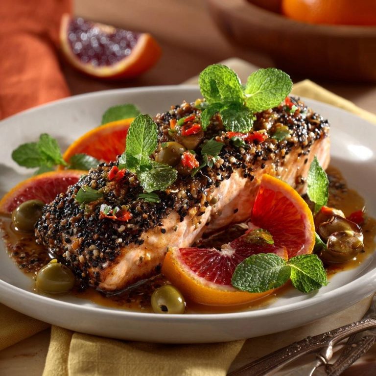 Knuspriger Sesam-Lachs mit Blutorange, saftig und knusprig, serviert mit Blutorangenscheiben und Oliven als Nahaufnahme.
