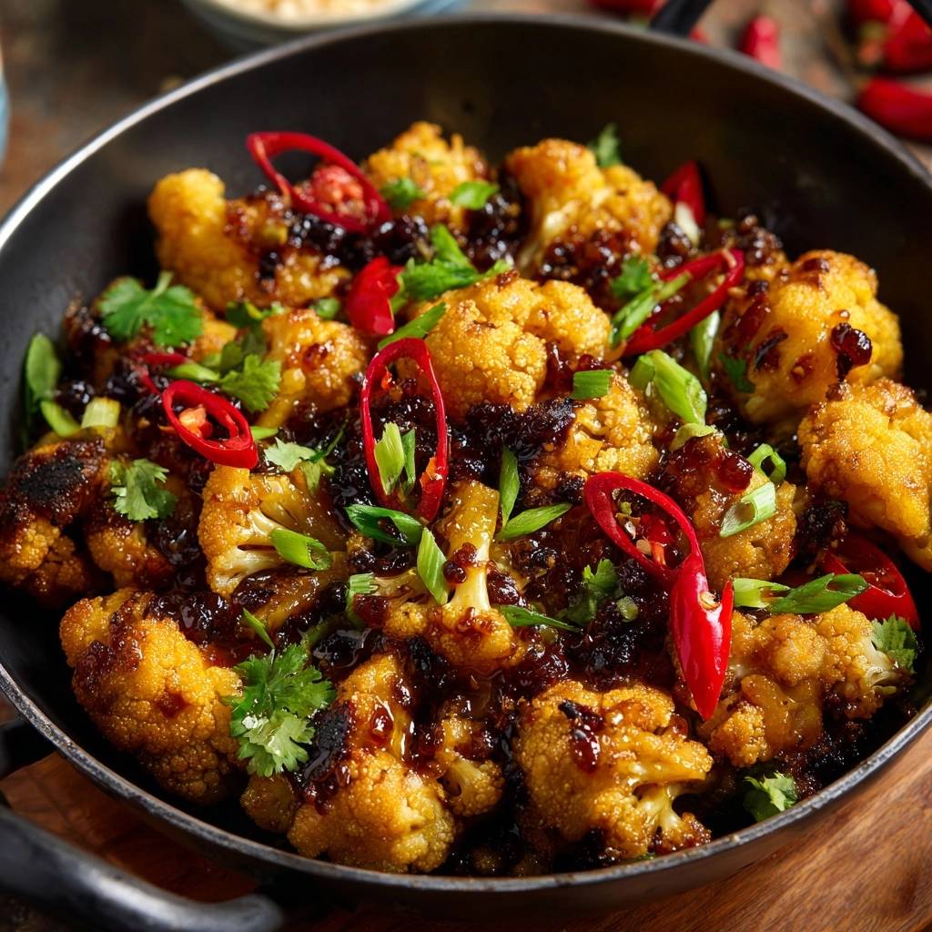 Knuspriger Sticky Blumenkohl, garniert mit frischen Chilischeiben und Kräutern in einer Pfanne, Nahaufnahme.