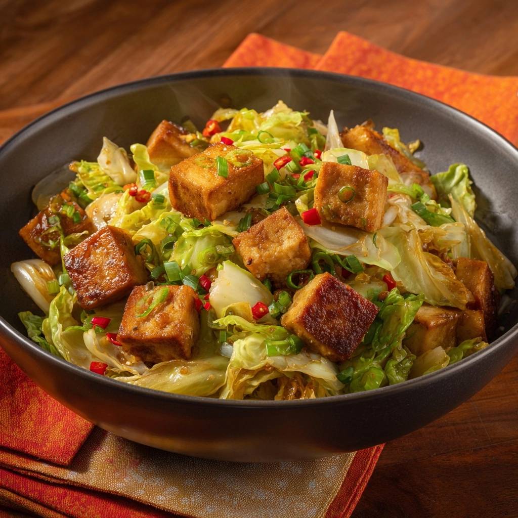 Knuspriger Tofu mit Pak Choi, garniert mit Frühlingszwiebeln und Chili, in einer Schüssel serviert.