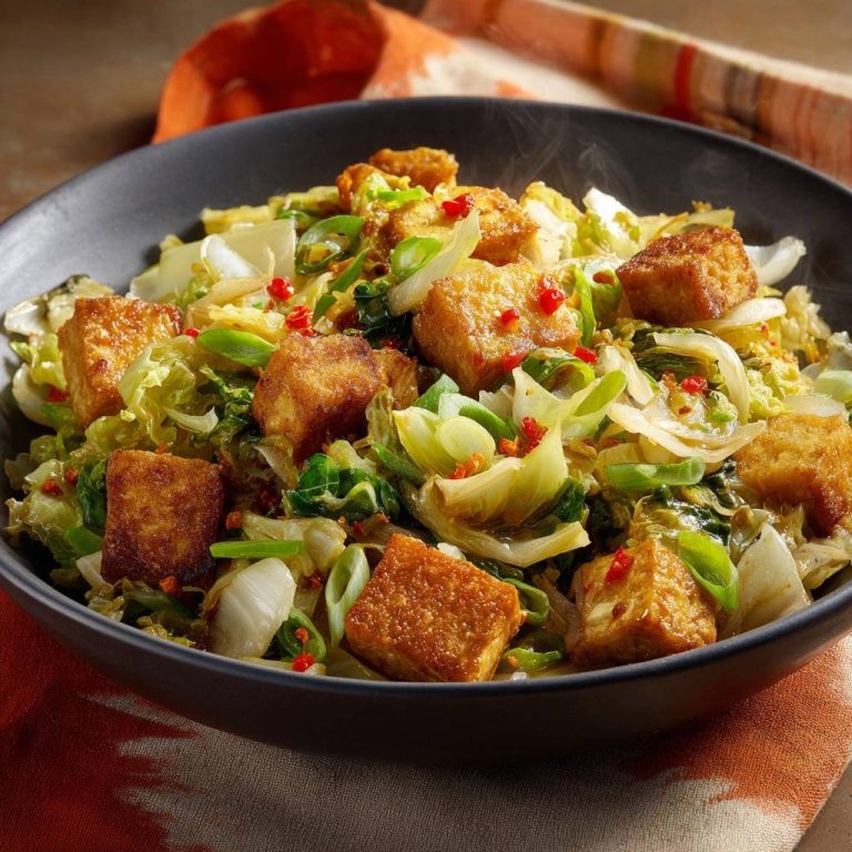 Knuspriger Tofu mit Pak Choi in einer schwarzen Schüssel, garniert mit roten Chilis und Frühlingszwiebeln.