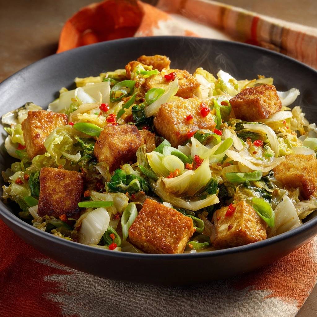 Knuspriger Tofu mit Pak Choi in einer schwarzen Schüssel, garniert mit roten Chilis und Frühlingszwiebeln.