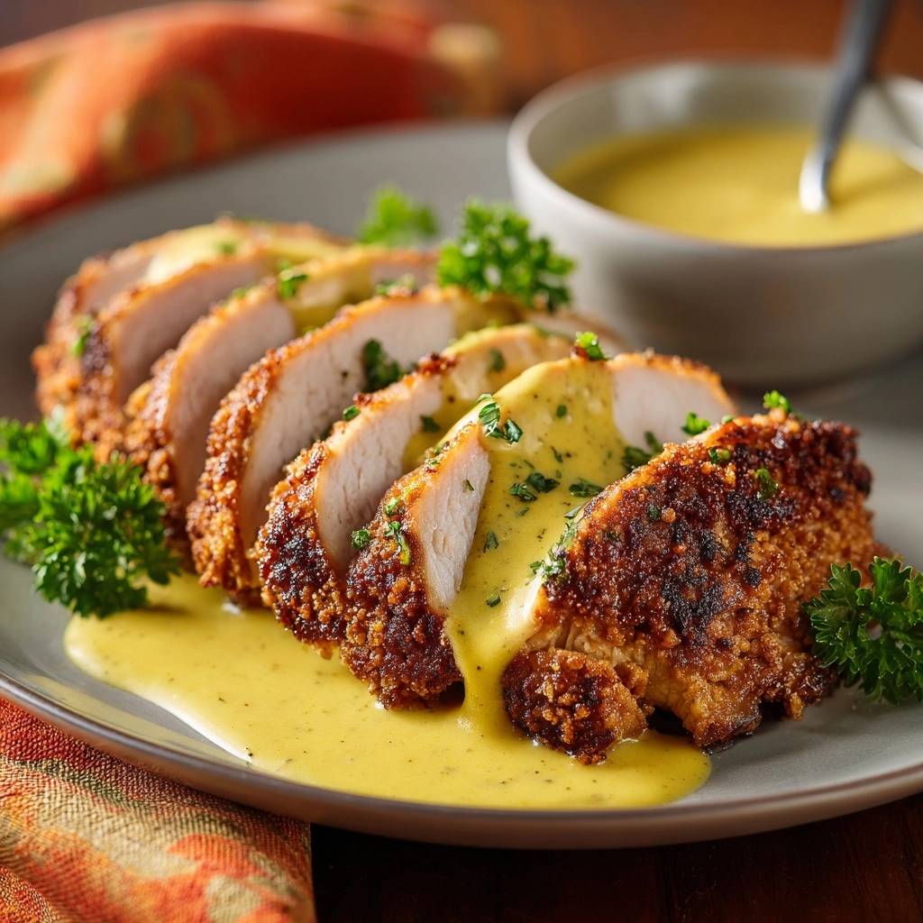 Knuspriges Hähnchenschnitzel mit cremiger Senfsauce, angeschnitten und mit frischer Petersilie garniert, serviert auf einem Teller.