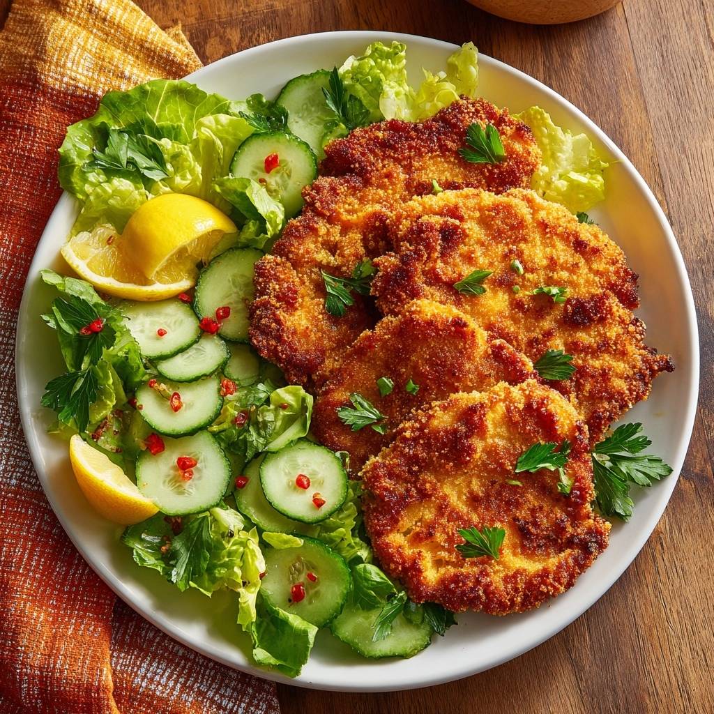 Knuspriges Hähnchenschnitzel mit Gurkensalat, serviert auf einem weißen Teller mit Zitronenspalten und frischer Petersilie garniert.