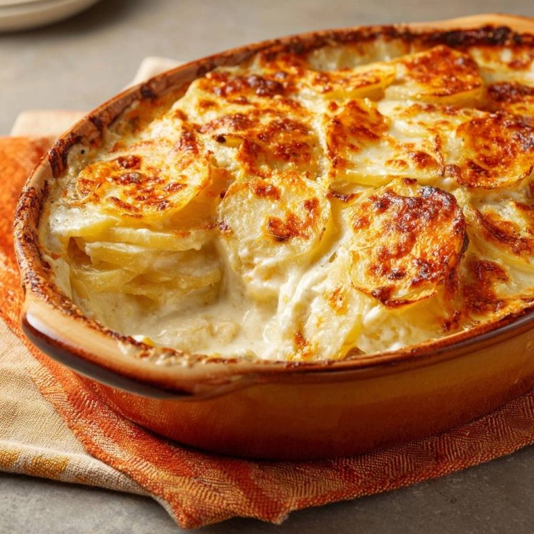 Knuspriges Kartoffelgratin in einer Auflaufform, die goldbraun gebackenen Kartoffelscheiben sind nah aufgenommen.