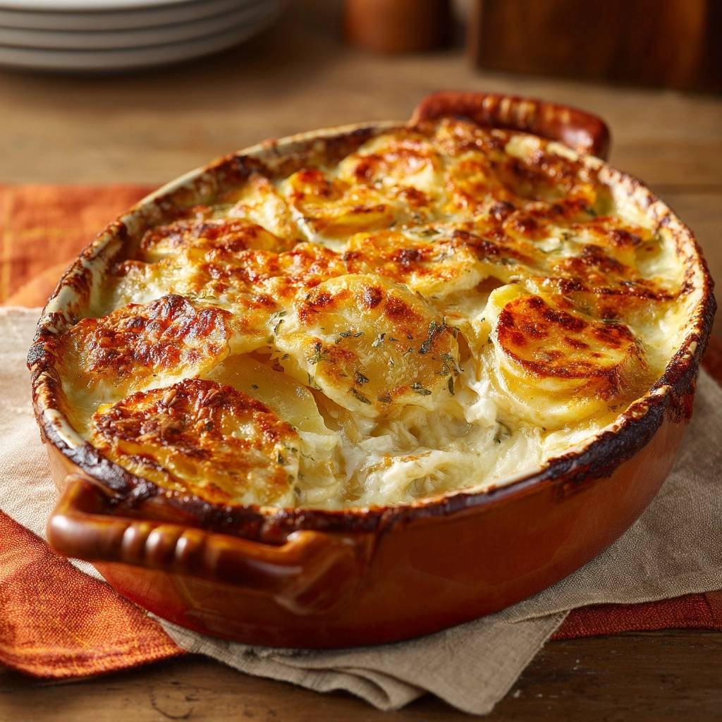 Knuspriges Kartoffelgratin mit einer goldbraunen, gerösteten Käsekruste, Nahaufnahme der Oberseite mit Kräutern.