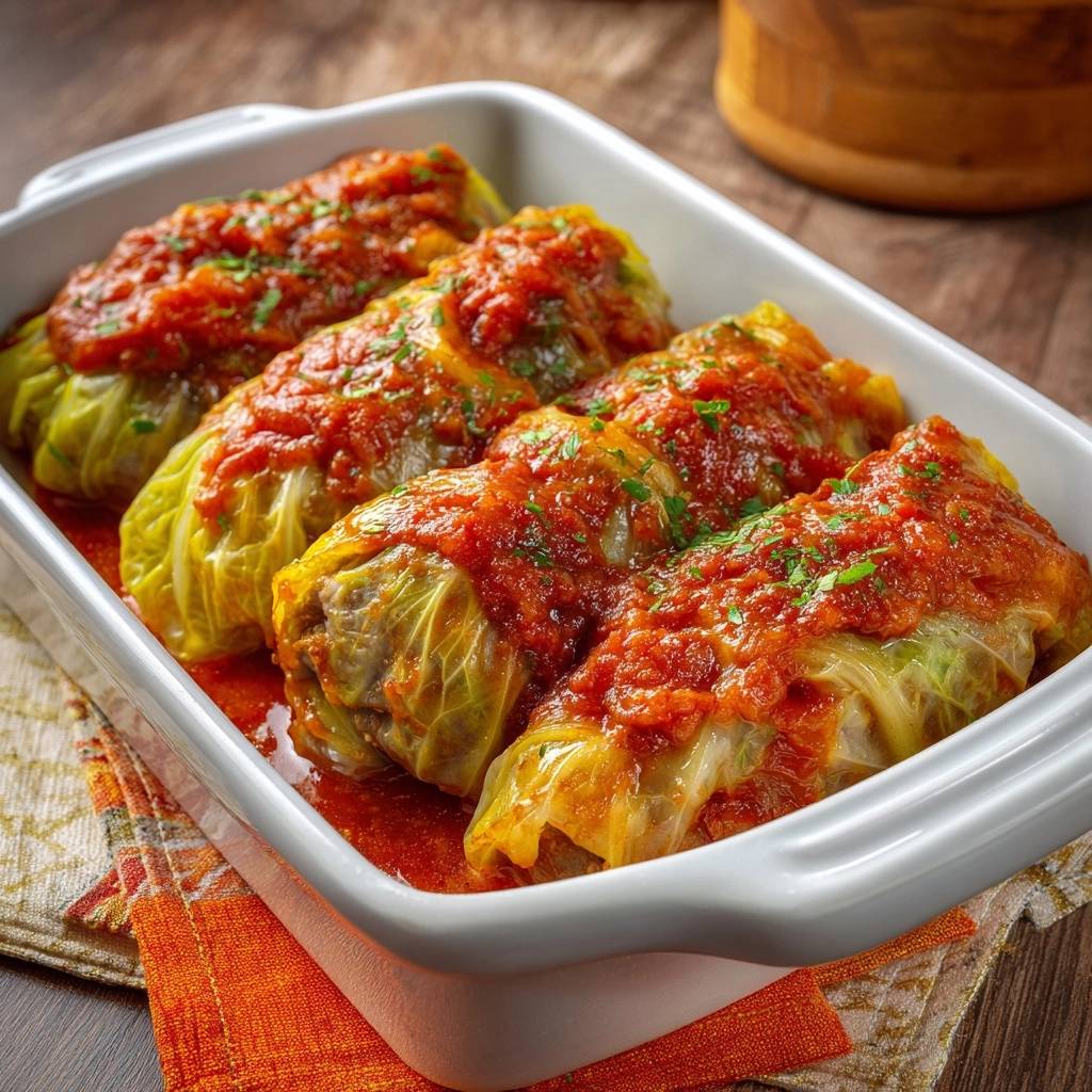 Saftige Kohlrouladen in Tomatensoße, serviert in einer weißen Keramikform mit frischer Petersilie garniert.