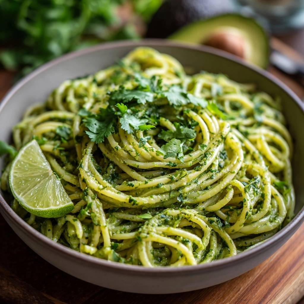 Cremige Koriander-Limetten-Spaghetti, nah aufgenommen und mit frischen Kräutern und Limettenspalte garniert.