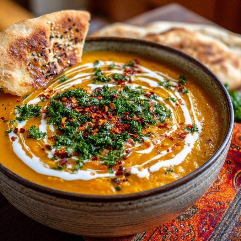 Cremige Kürbissuppe mit Sesam-Naan, garniert mit frischer Petersilie und Chiliflocken, serviert in einer Schüssel.