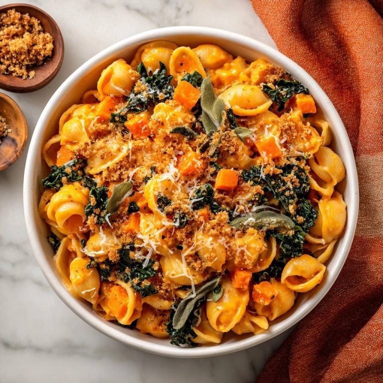 Cremige Kürbis-Pasta mit Grünkohl, garniert mit Parmesan und gerösteten Semmelbröseln, von oben fotografiert.