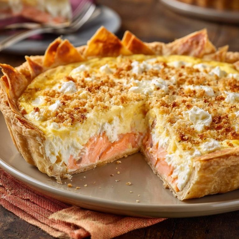 Herzhafte Lachs-Quiche mit Feta und Feta-Käse, angeschnitten, zeigt die Schichten von Lachs und cremiger Füllung.