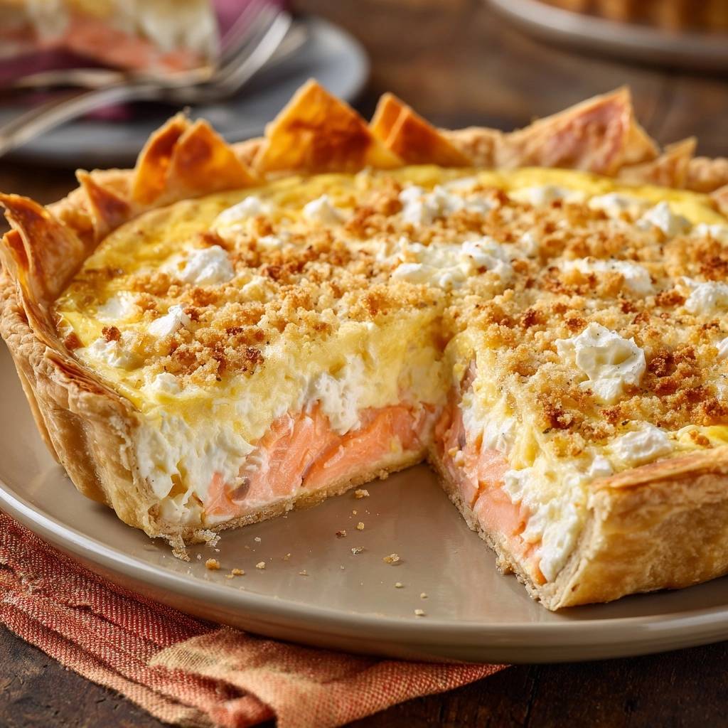 Herzhafte Lachs-Quiche mit Feta und Feta-Käse, angeschnitten, zeigt die Schichten von Lachs und cremiger Füllung.