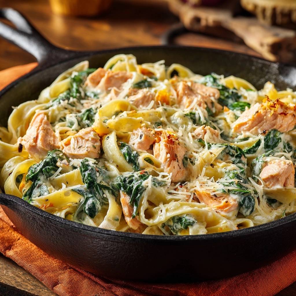 Cremige Lachs-Spinat-Pasta in einer Gusseisenpfanne, garniert mit geriebenem Käse und Petersilie.