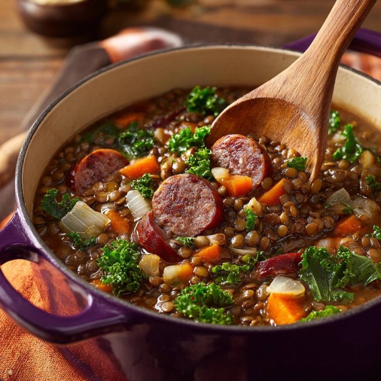 Linseneintopf mit Grünkohl und Wurst, nahaufnahme des herzhaften Eintopfs mit Würstchenscheiben und Gemüse in einem Topf.
