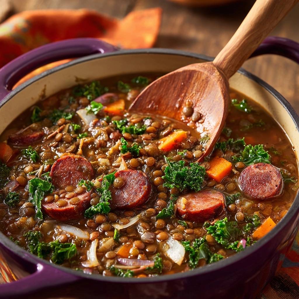 Linseneintopf mit Grünkohl und Wurst, gezeigt in einem lila Topf mit einem Holzlöffel.