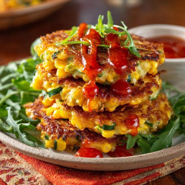 Goldbraune Mais-Zucchini-Puffer, gestapelt und mit roter Sauce beträufelt, auf Rucola serviert.