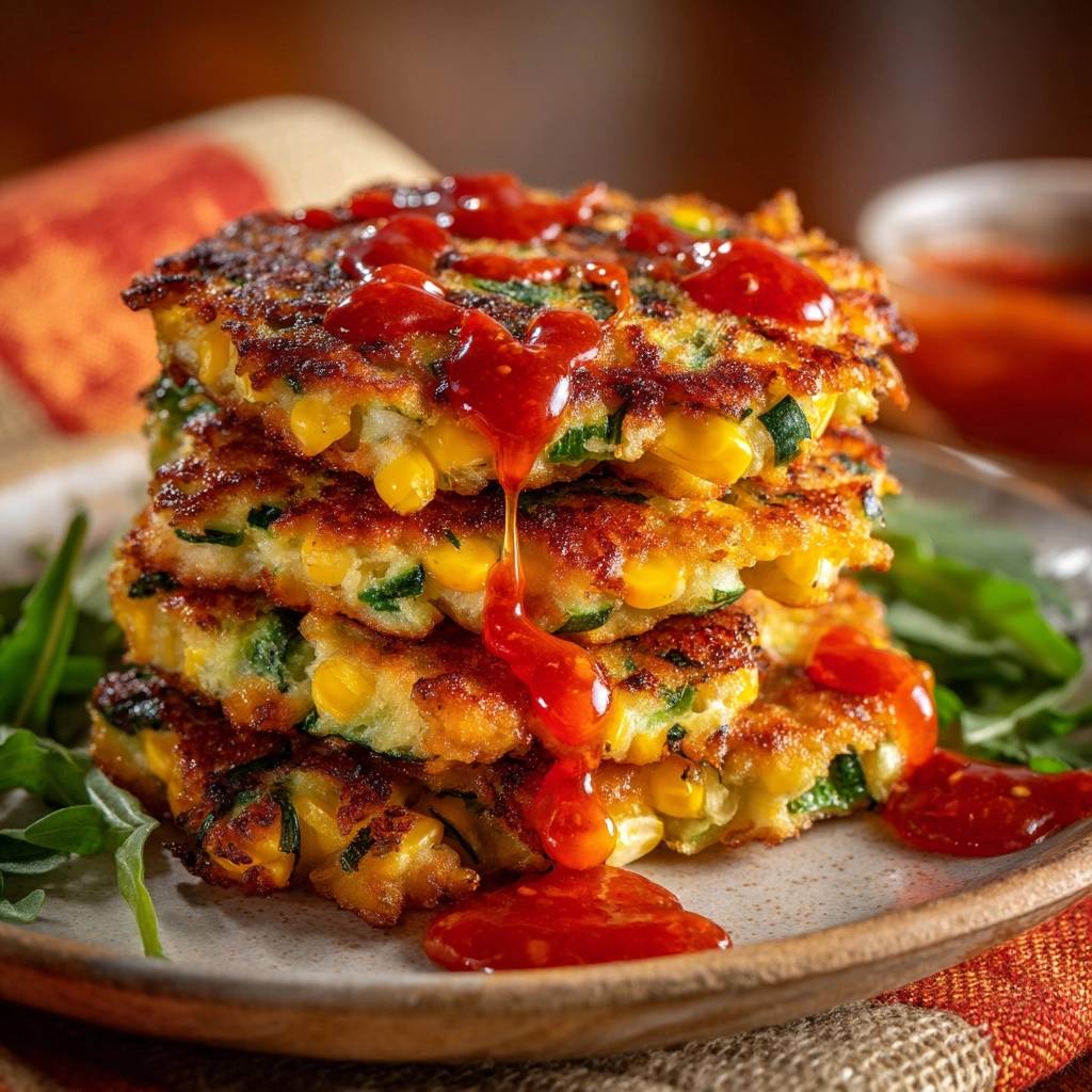 Goldbraune Mais-Zucchini-Puffer mit einer roten Sauce, die über einen Stapel tropft, nahaufnahme der krossen Textur.