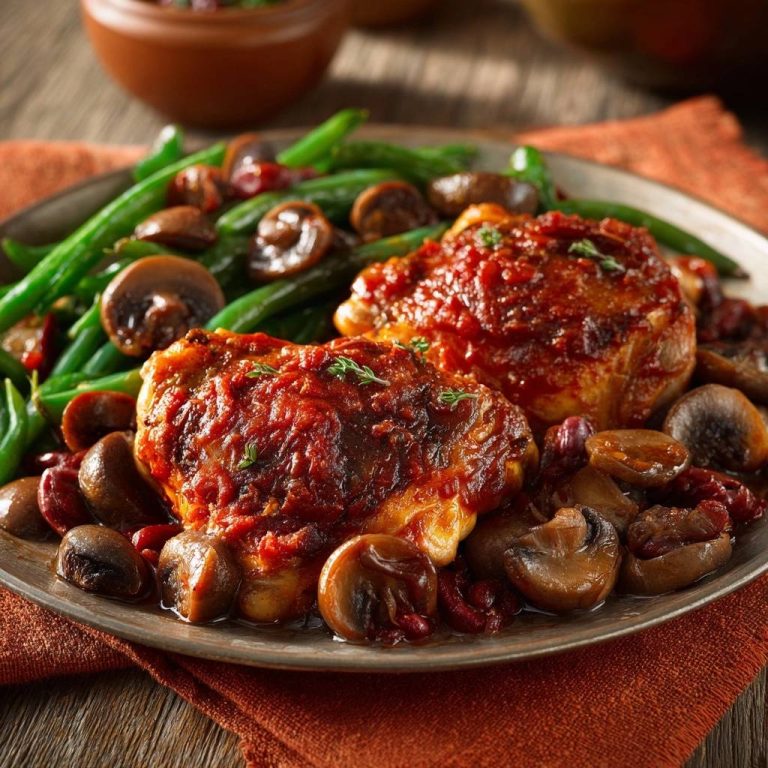 Mediterrane Hähnchenpfanne mit Pilzen, saftig und aromatisch, serviert mit grünen Bohnen und Pilzen auf einem Teller.