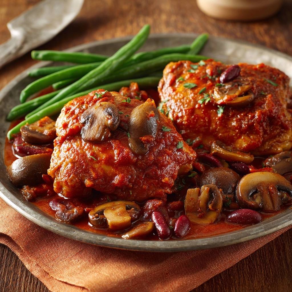 Mediterrane Hähnchenpfanne mit Pilzen, serviert auf einem Teller mit grünen Bohnen und Pilzen in einer aromatischen Sauce.