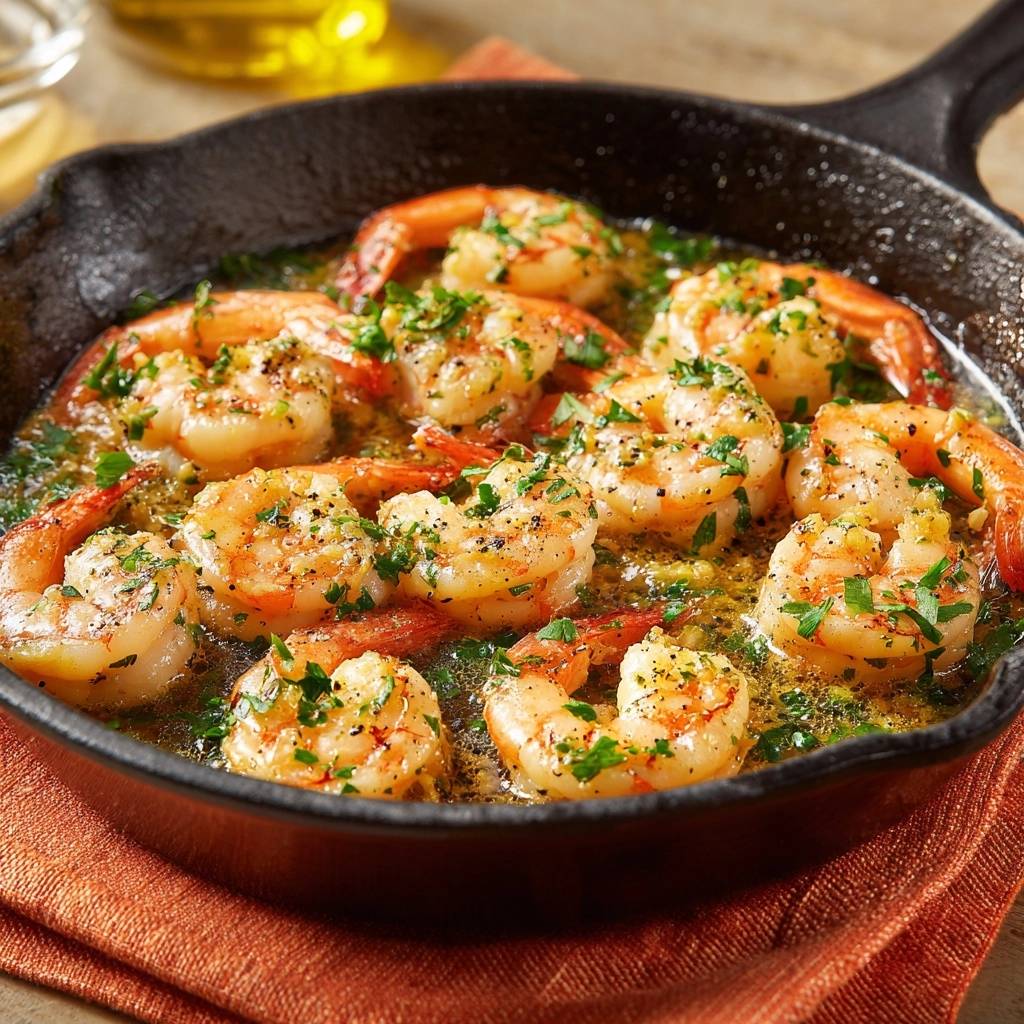 Mediterrane Knoblauch-Garnelen aus der Pfanne, saftig und zart in einer Gusseisenpfanne mit frischer Petersilie und Knoblauch.
